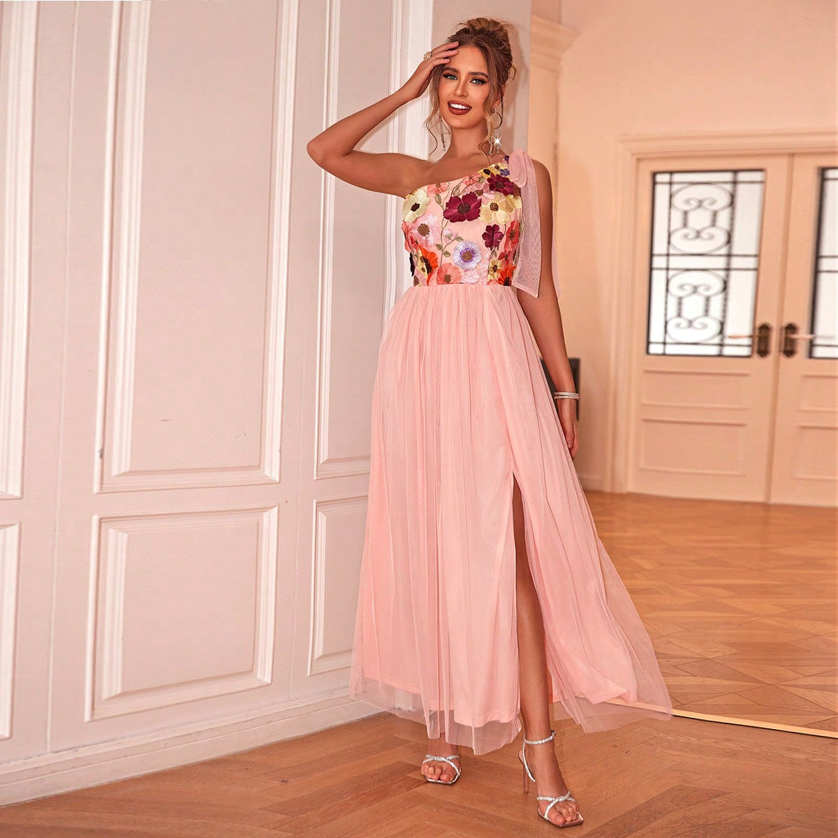 Summer Women Sexy Floral Embroidery One Shoulder Furcal Lower Hem Evening Dress