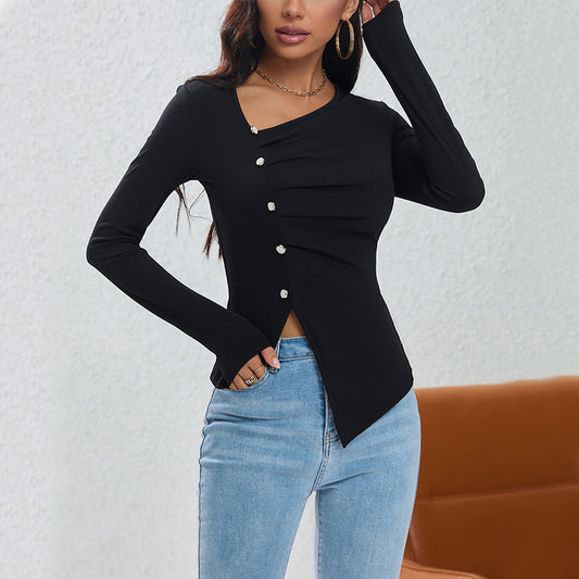 French Diagonal Collar Sweater Cardigan Coat Women Autumn Pleated Niche Irregular Asymmetric Knitting Bottoming Shirt Top