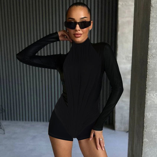 Women Clothing Winter Solid Color Slim Zipper Long Sleeve Jumpsuit