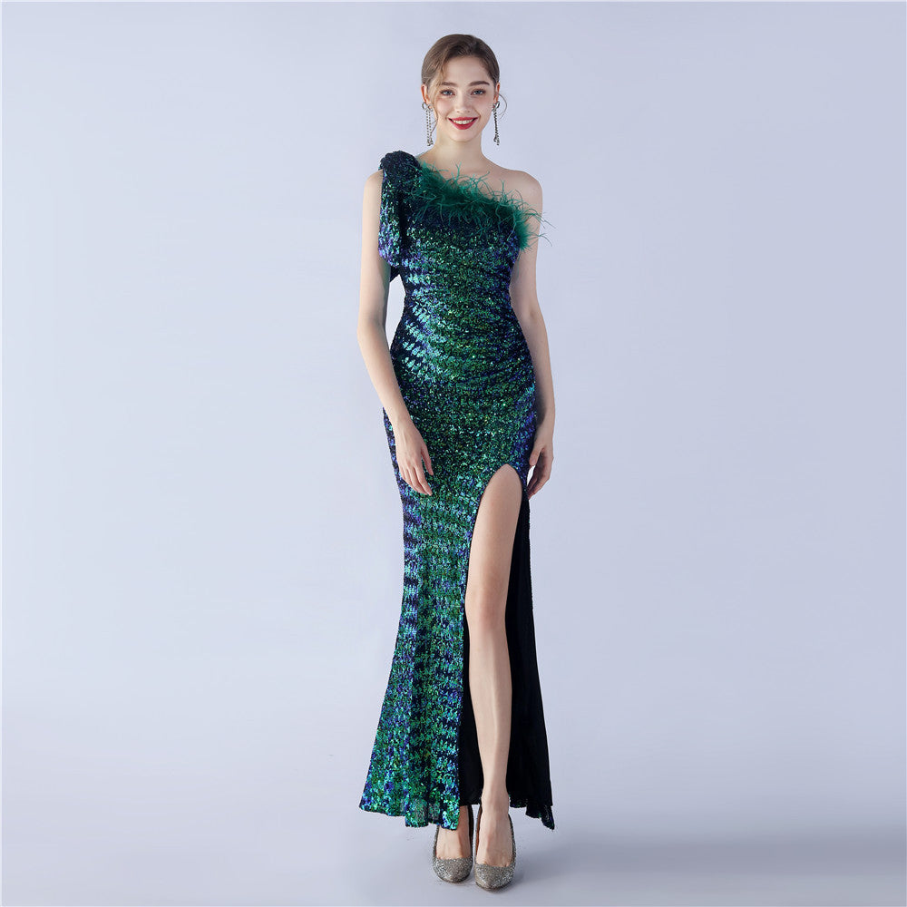 Craft Floral plus Ostrich Feather High End Sequined One Shoulder Evening Dress Symphony green