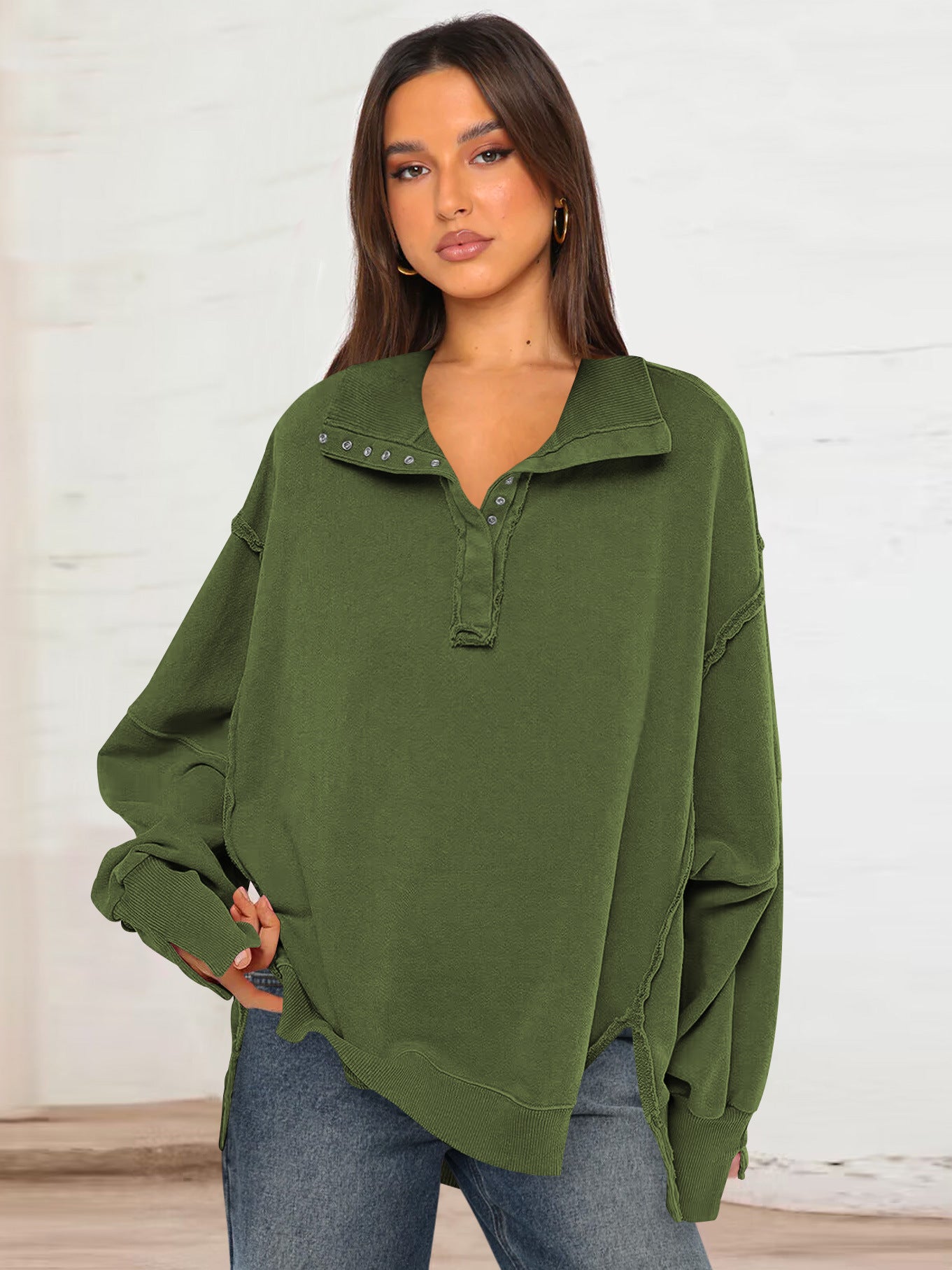 Decorative Moulding Design Blouse Split Lantern Sleeve Polo Collar Sweater Coat for Women Spring Autumn Green