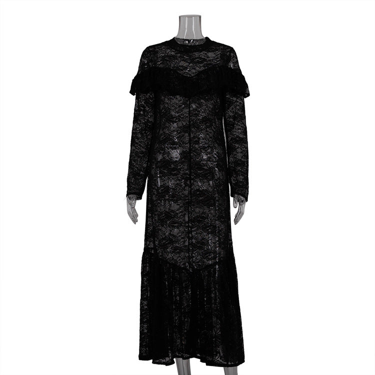 Sexy Lace Maxi Dress Pattern Design Hollow Out Cutout out See through round Neck Long Sleeve A line Dress for Women Black