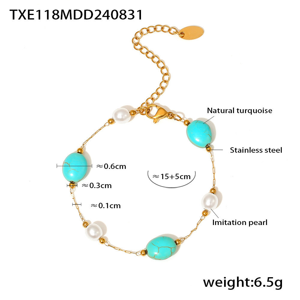 Niche Natural Turquoise Imitation Pearl Necklace Bracelet Stainless Steel Light Luxury Elegant Outfit One Size Bracelet