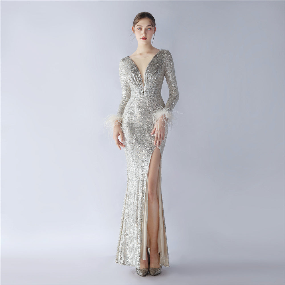 Craft Order Ostrich Feather High End Long Sleeve Sequin Evening Dress Apricot silver