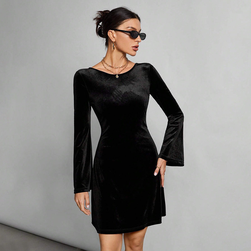 Women Clothing Simple Intellectual Dress Autumn Winter Backless Sexy Lace Up All Match Black Dress