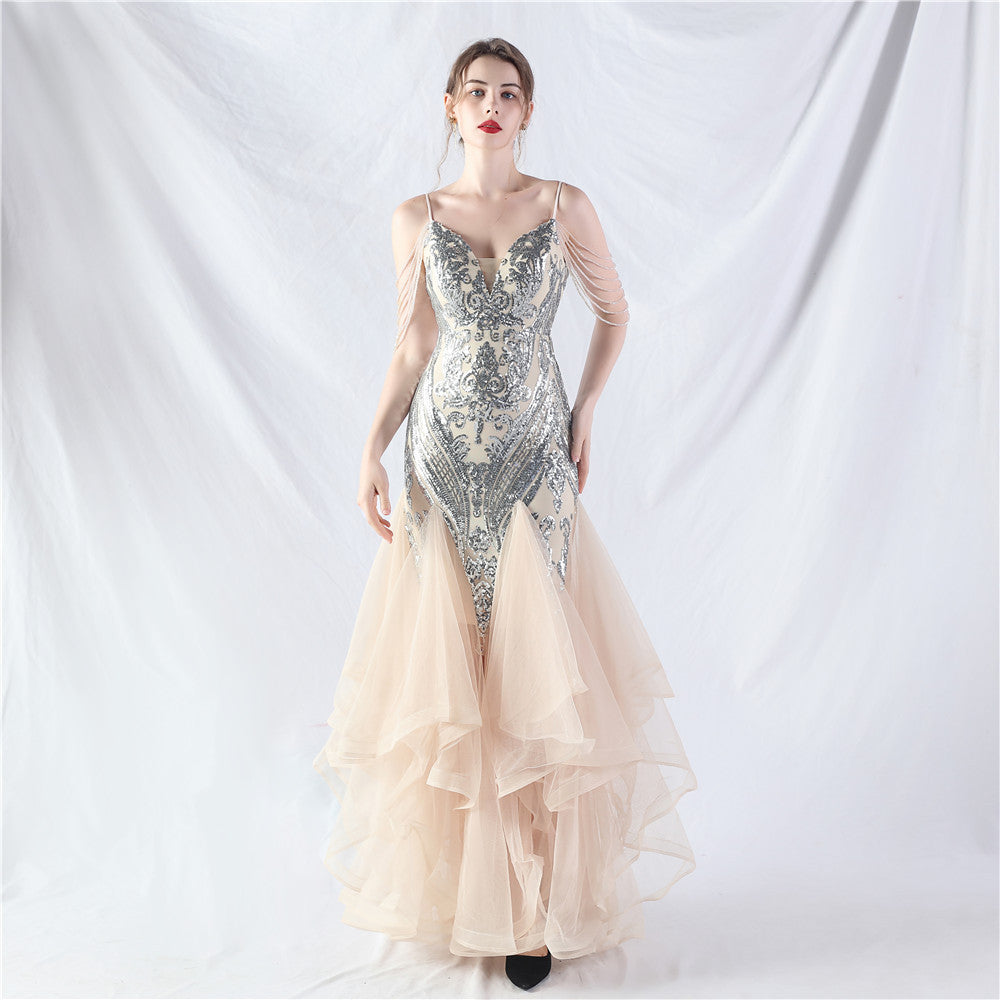 Craft Beads Hard Net Positioning Floral Sequin Stitching Mesh Dance Celebration Performance Dress Apricot silver