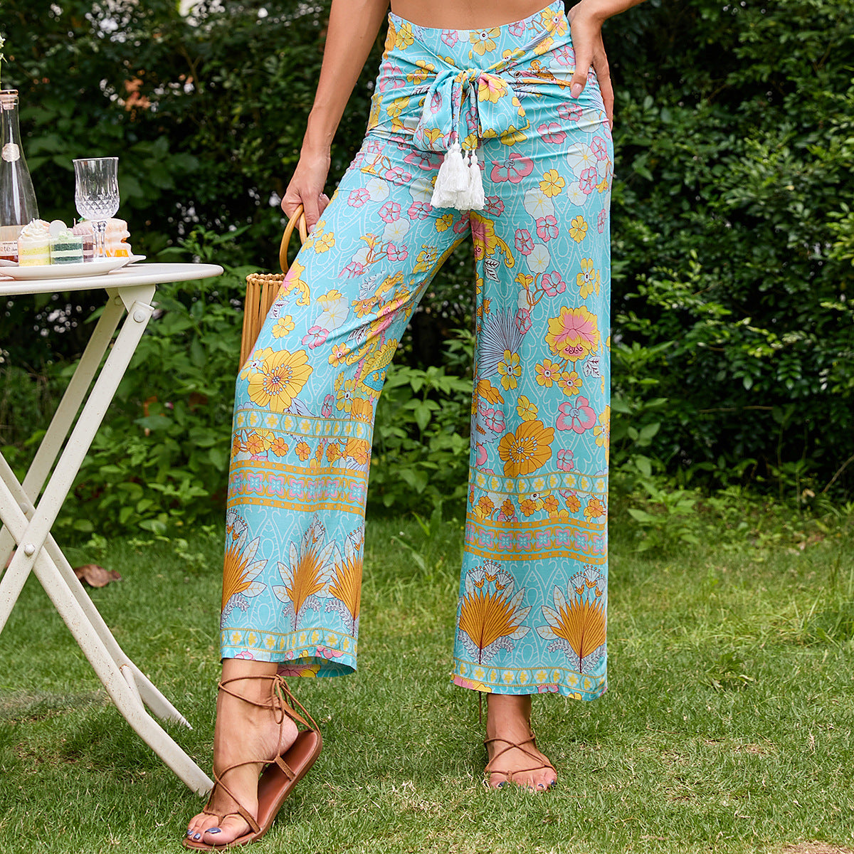 Printed Women Rope Belt Casual Wide-Leg Pants Beach Vacation Wide-Leg Pants