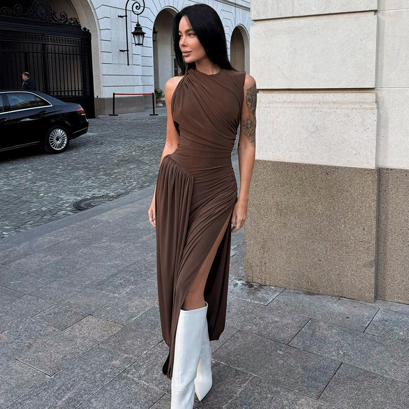 Women Clothing Solid Color round Neck Sleeveless Waist Tight Pleated Backless Elegant Dress