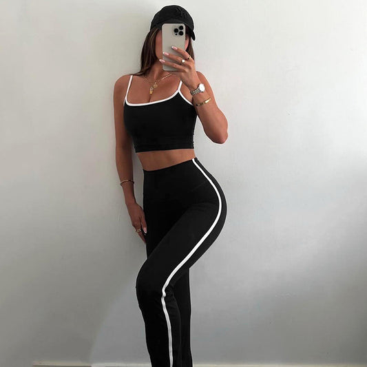 Women Clothing Summer Suspender Cropped Tank Top High Waist Trousers Contrast Color Set