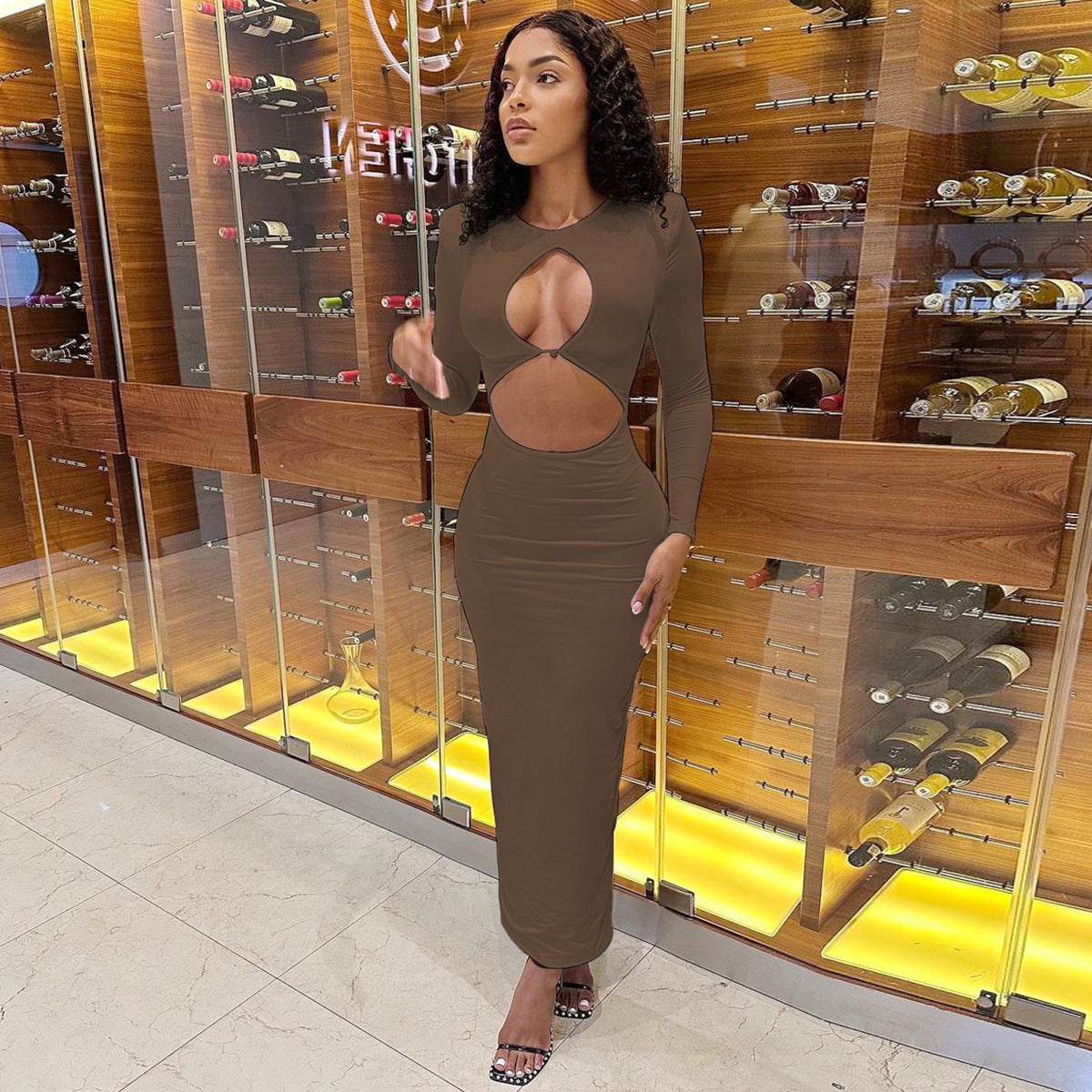 Women Clothing Autumn Sexy Cutout Exposed Cropped Split Hip Bag Dress Women Brown