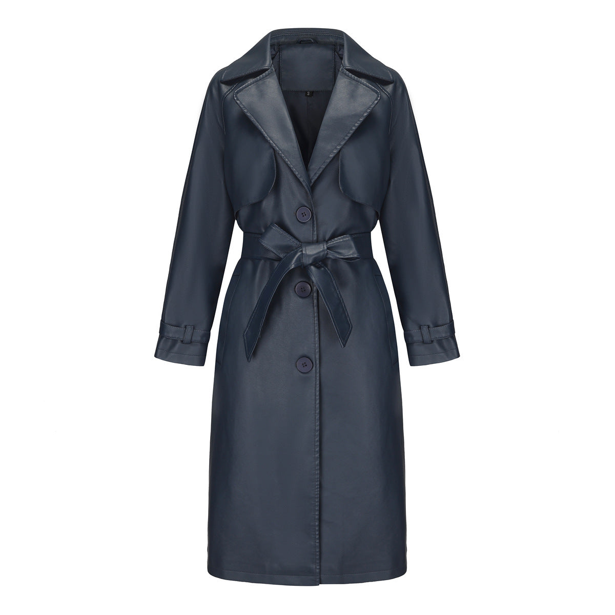 Spring Autumn Women Trench Coat Long Loose Jacket Faux Leather Coat Women Oversize Classic Turn down Collar Coat Containing Belt Navy Blue