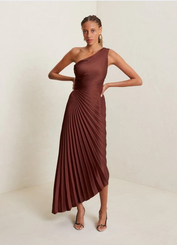 Women Clothing One Shoulder Sun Pleated Satin Dress Coffee