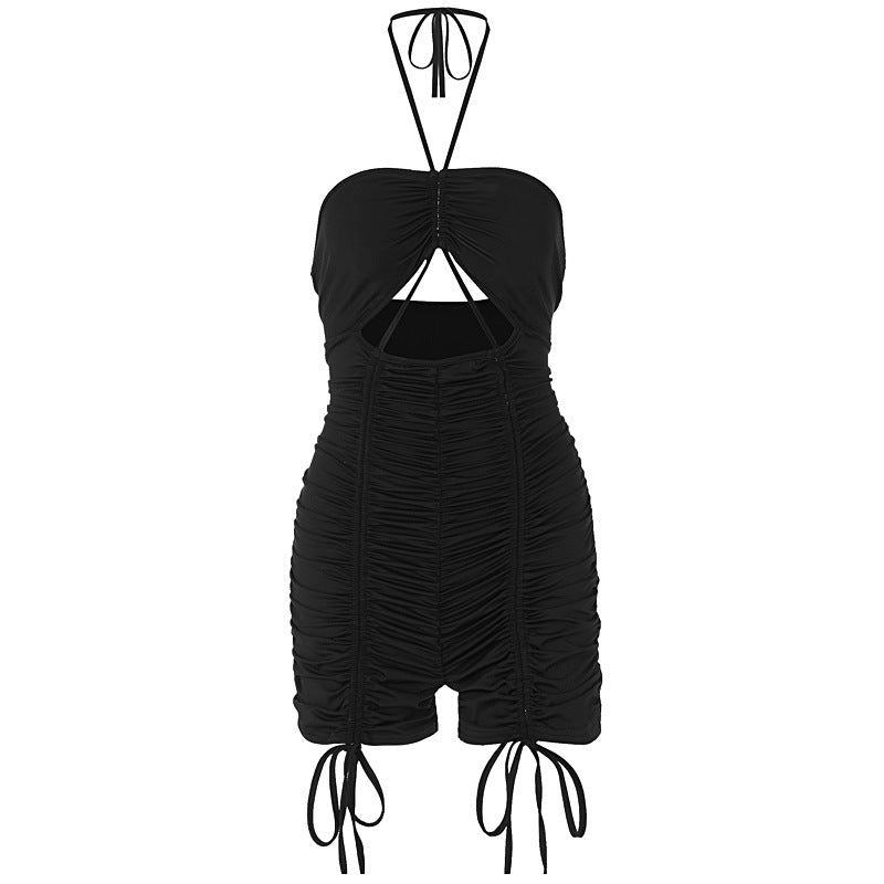 Summer Hollow Out Cutout out Tied Halter Drawstring Shorts Jumpsuit Women Clothing Black