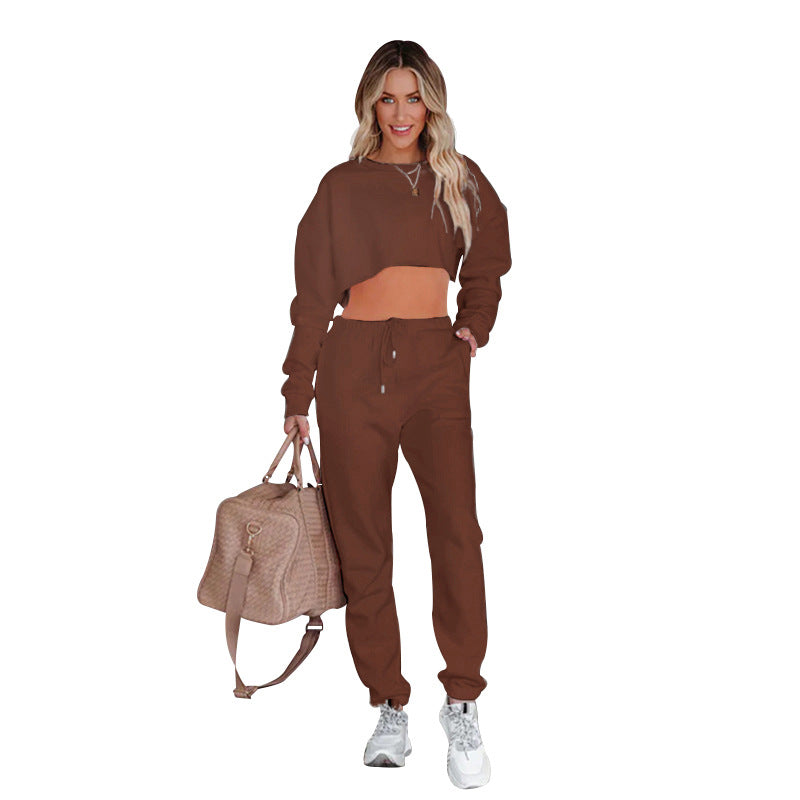 Autumn Winter Solid Color Round Neck Pullover Cropped Long Sleeve Sweaters Women's Clothing Casual Drawstring Trousers Suit Coffee