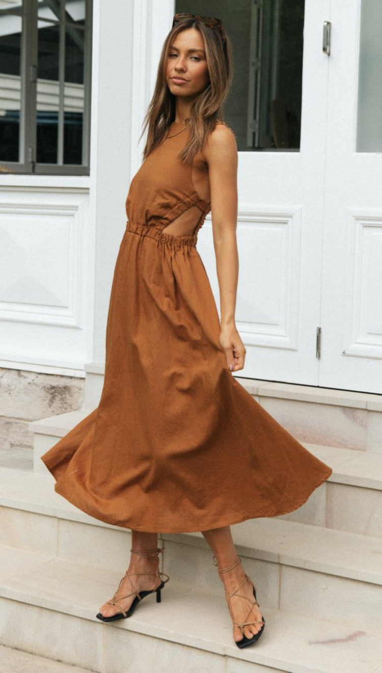 Women Solid Color Sleeveless round Neck Sexy Backless Maxi Dress Large Swing Dress Brown