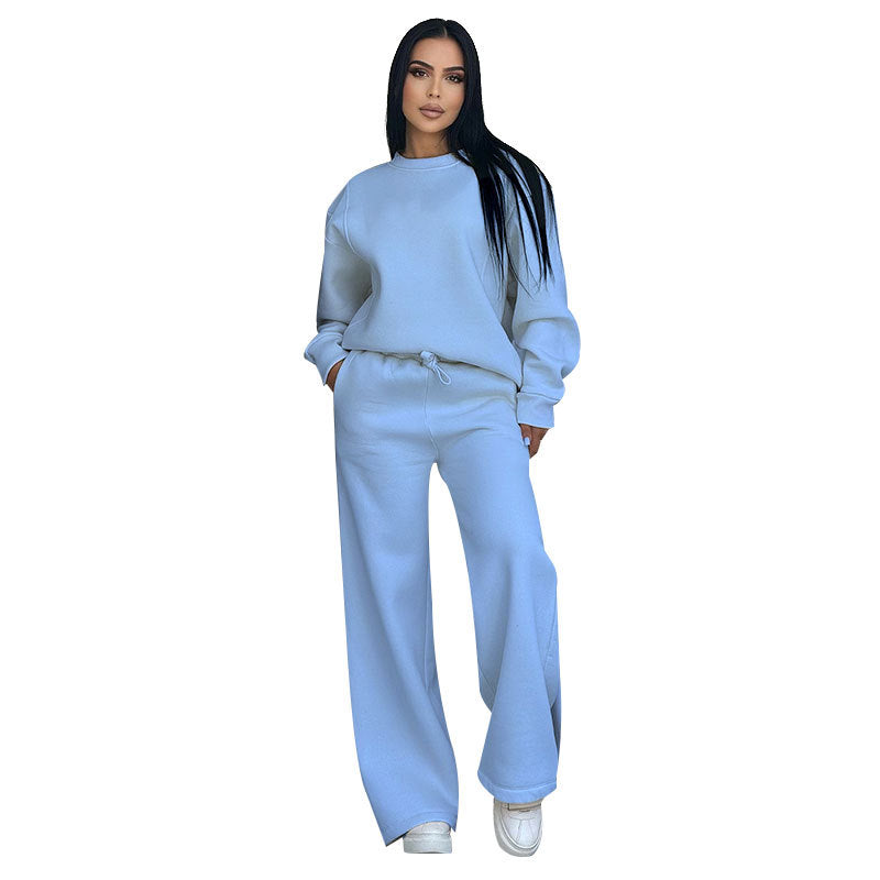 Autumn Winter Solid Color Round Neck Long Sleeve Loose Women Wear Casual Wide Leg Pants Suit Light Blue