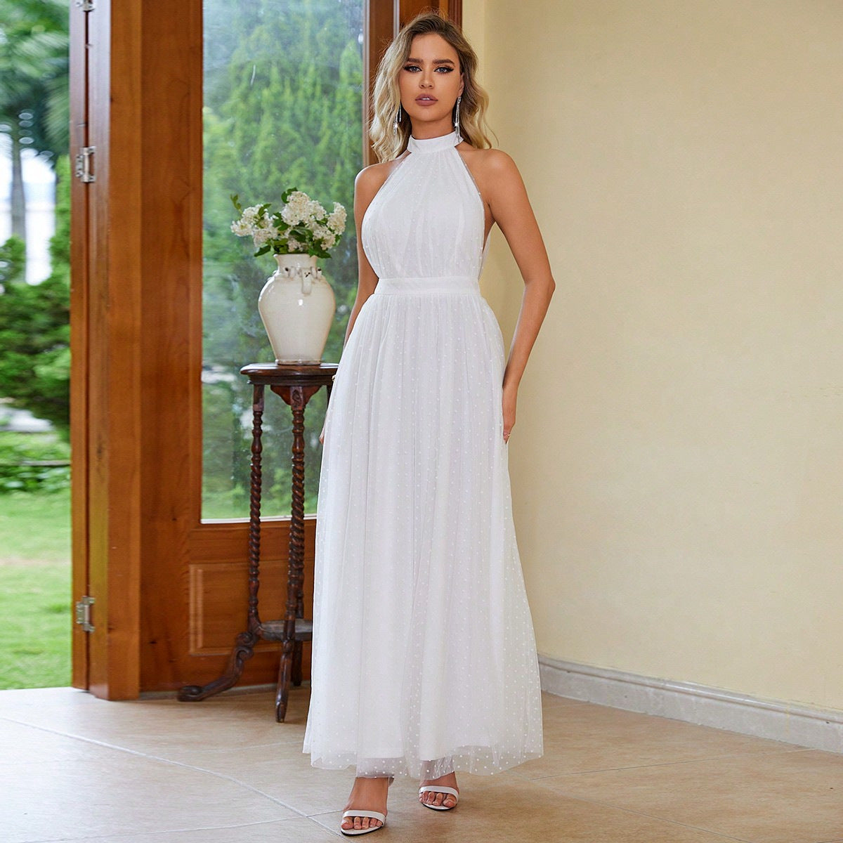 Women Halter Mesh Stitching Sexy Dress White