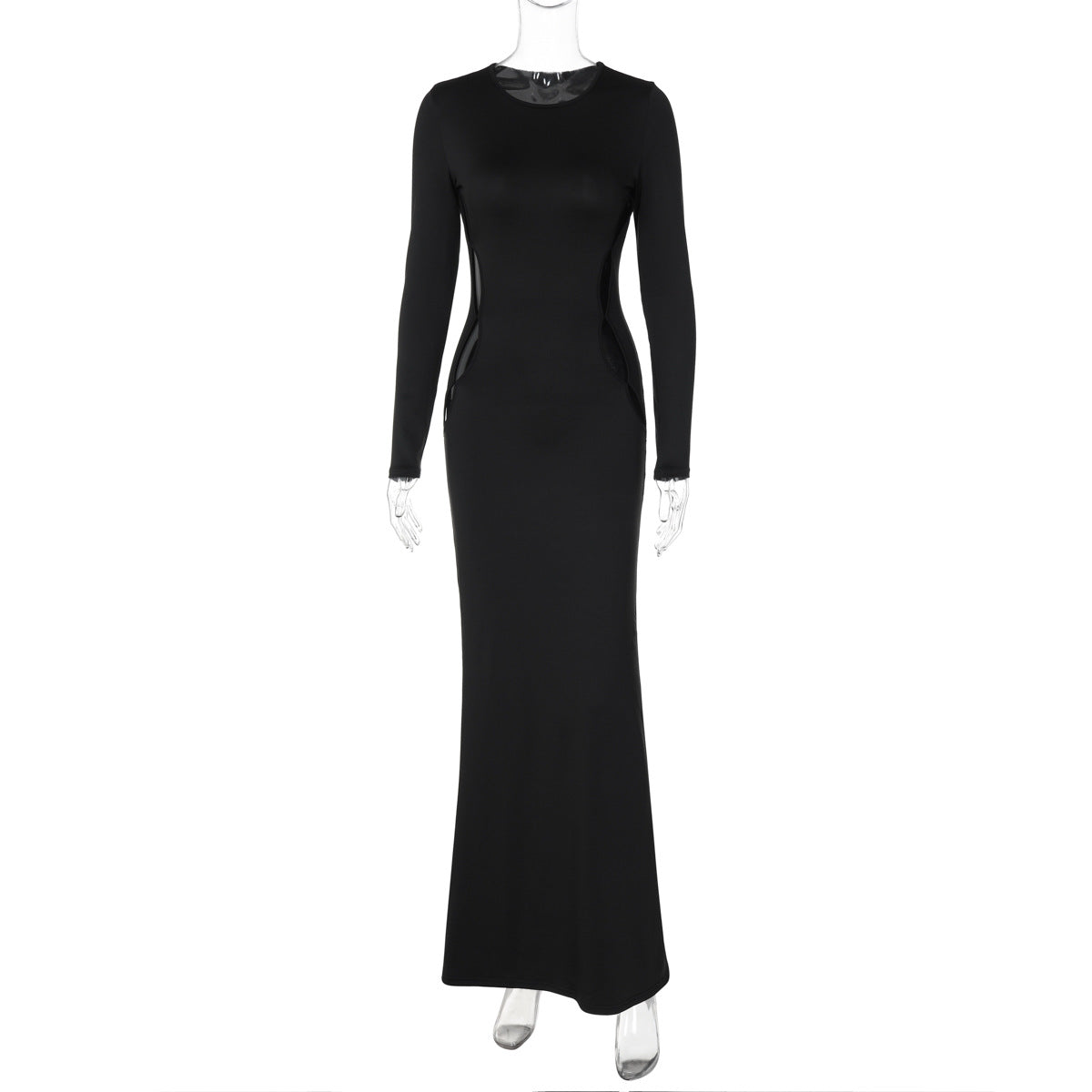 Women Clothing Autumn Long Sleeve Round Neck Maxi Dress Sexy Cutout Slim Fit Dress Black