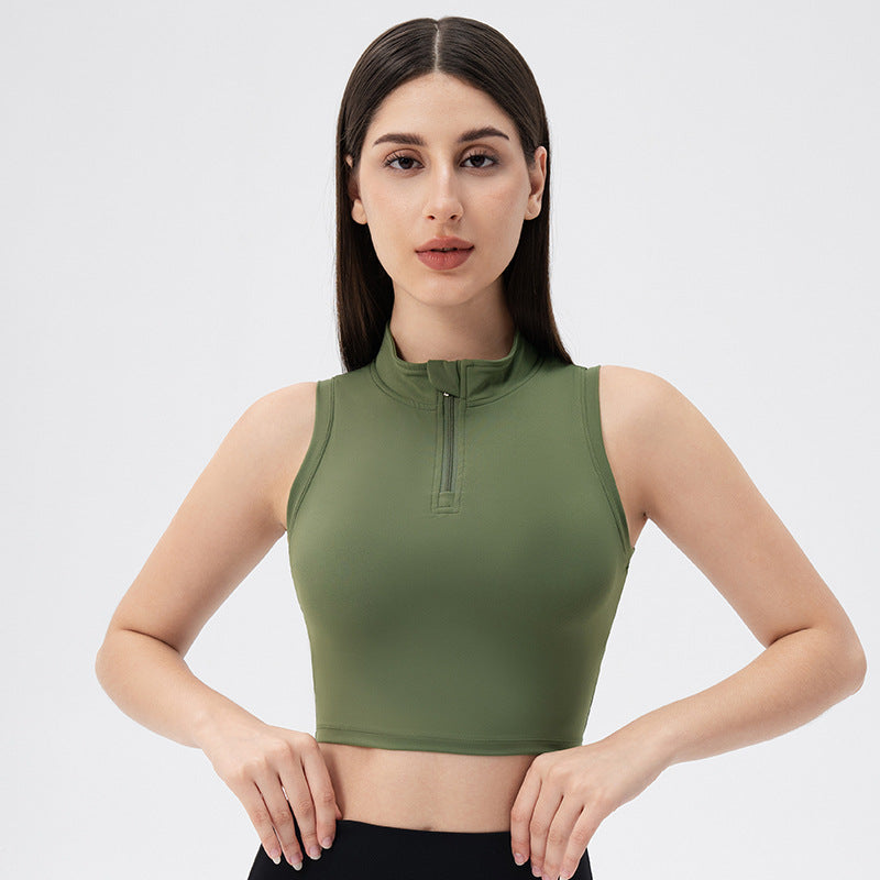 Sleeveless Stand Collar Slimming Yoga Clothes Vest Front Zipper Skinny Exercise Top with Chest Pad Running Workout Vest Women Forest Green