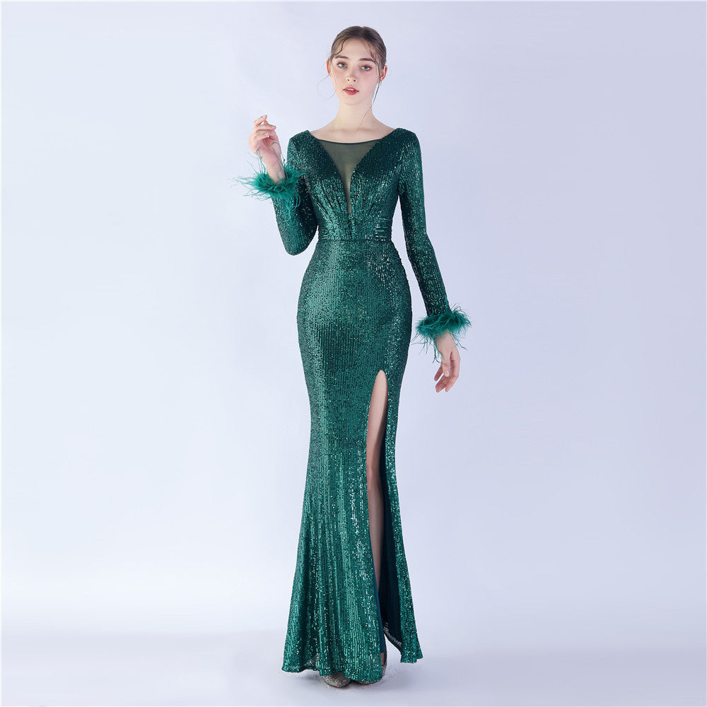 Craft Order Ostrich Feather High End Long Sleeve Sequin Evening Dress Green