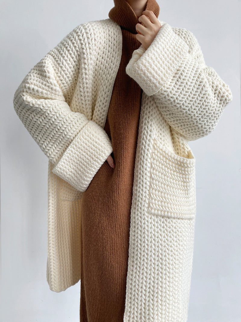 Gentle Coat Hollow Out Cutout Twist Autumn Winter Solid Color Knitted Cardigan Soft Glutinous One Size Ivory