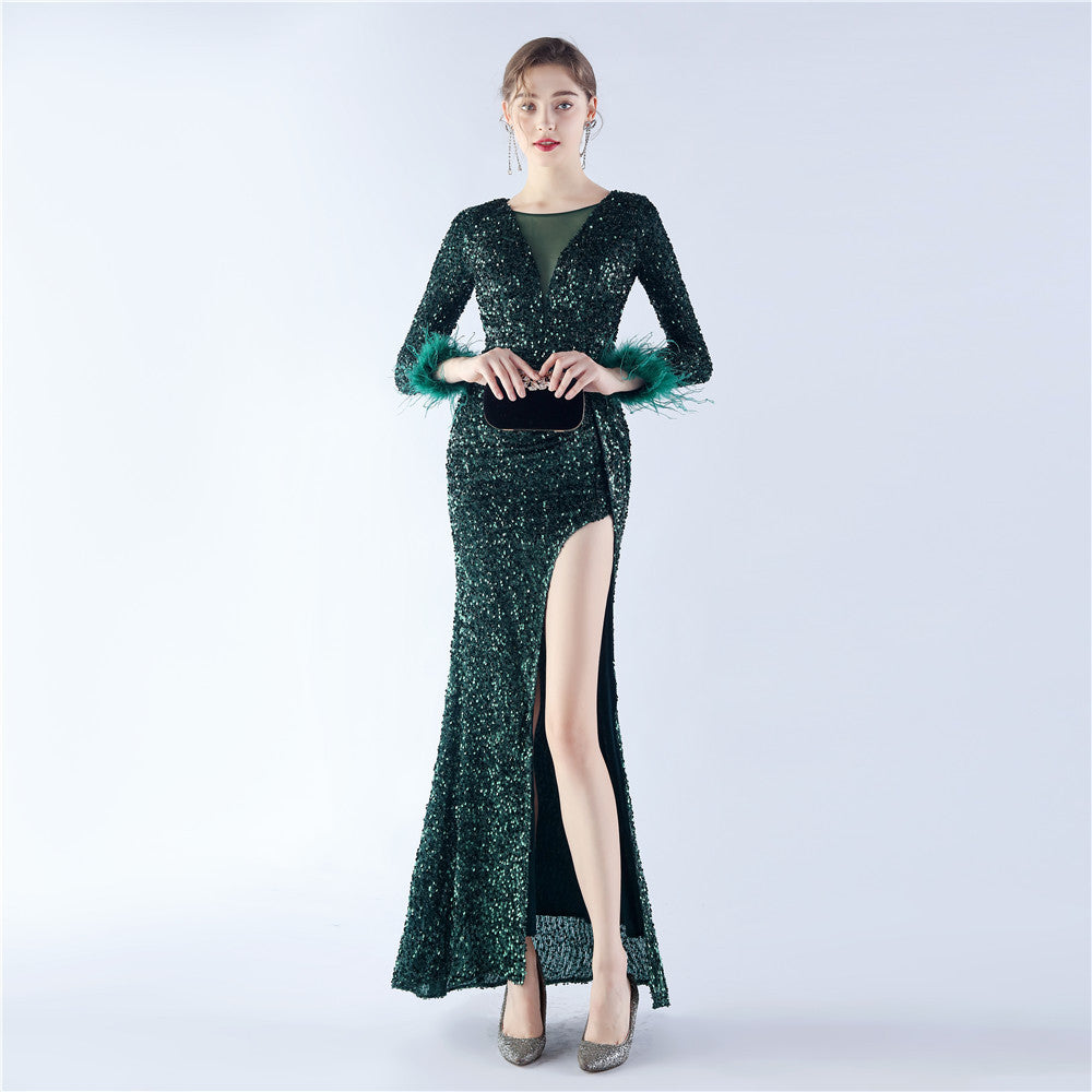 Handmade Sequin Craft Order Ostrich Feather Long Sleeve Evening Dress Green