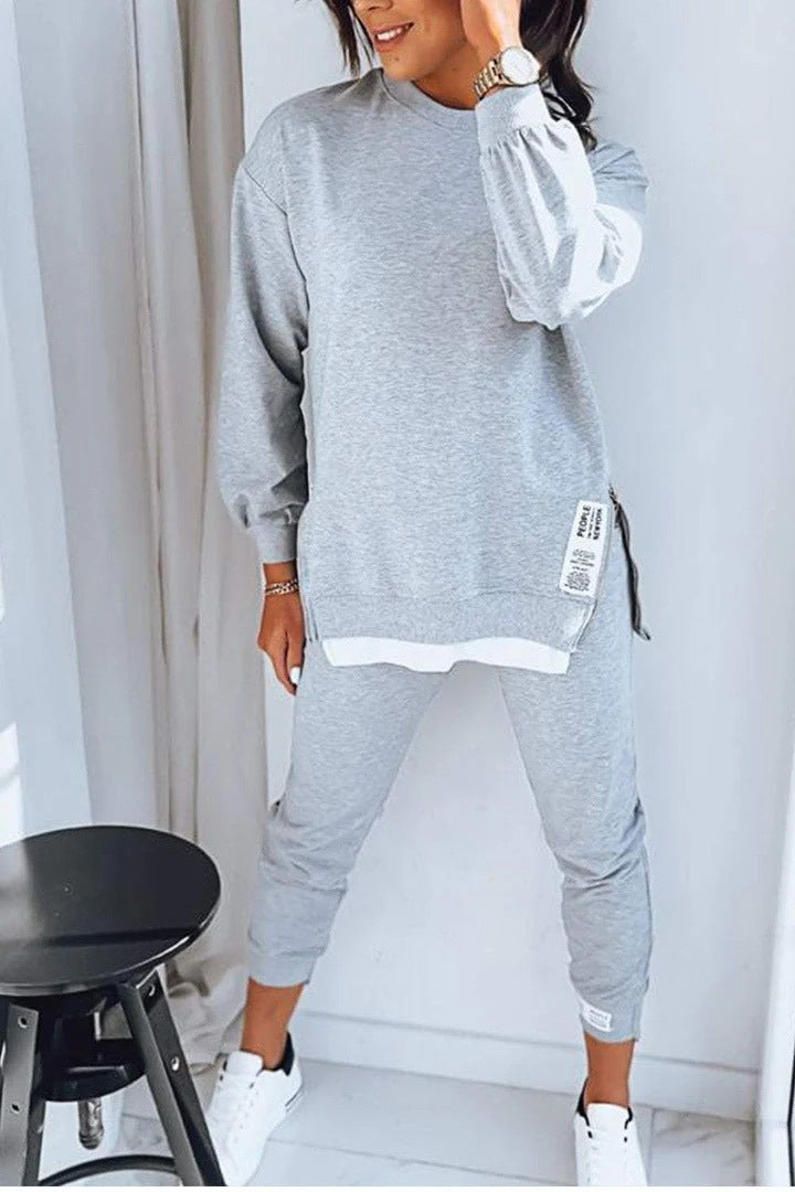 Autumn Stitching False Two Piece Sweaters Sweat Pants Sets Gray