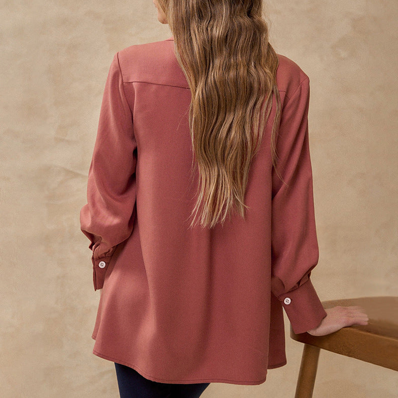 Spring Autumn Cardigan Single Breasted Collared Long Sleeve Solid Color Shirt Women