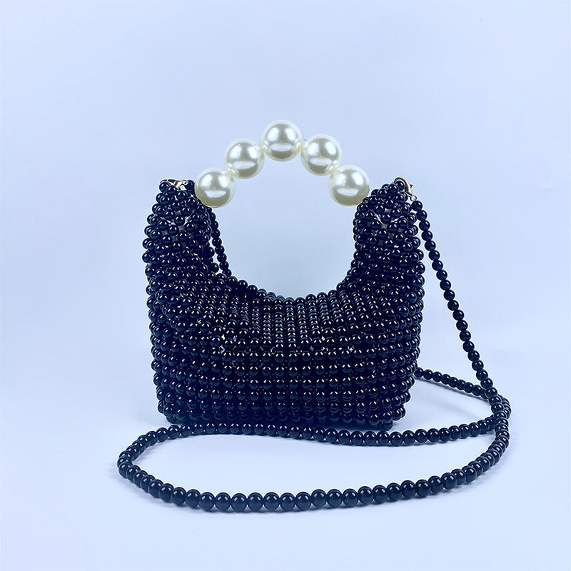 Popular Hand Woven Large Pearl Tote Shoulder Bag Socialite High Grade Dinner Bag One Size Black