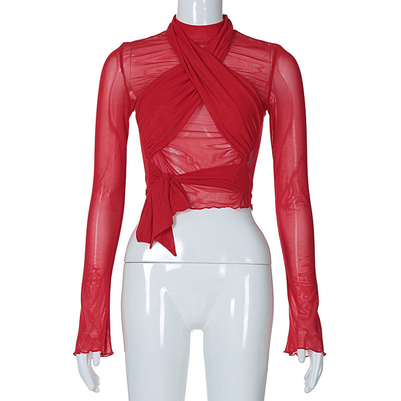 Sexy Tight Long Sleeve Tied Stitching Design Top Niche Street All Match Jumpsuit for Women Red