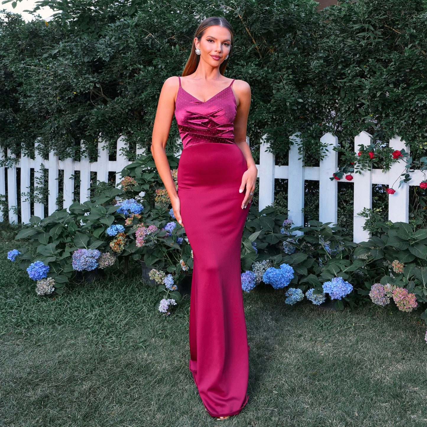 Women Clothing Sleeveless Elegant Solid Color V Neck Tight Waist Sexy Sling Sheath Maxi Dress Evening Dress Burgundy