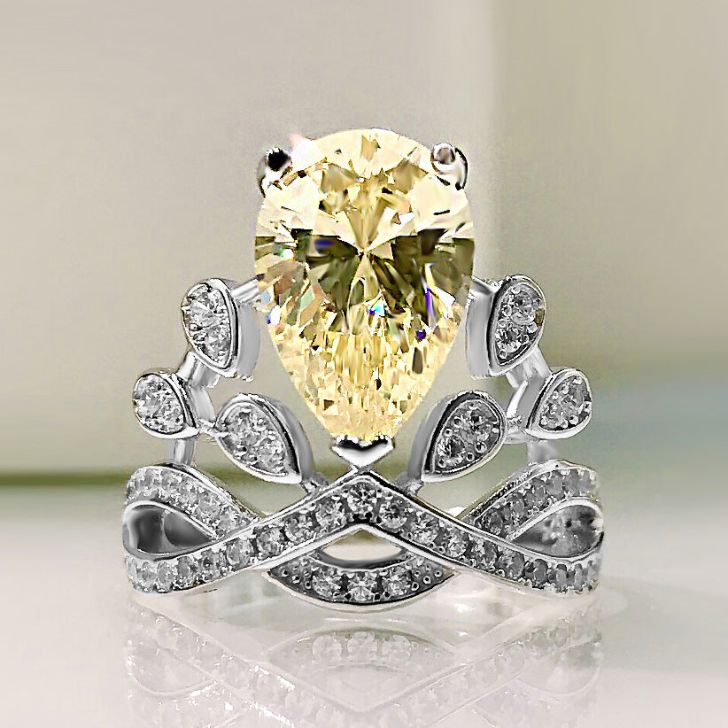 Pear Shaped Water Drop Personality Yellow Diamond Crown Diamond Ring Women Special Shaped Diamond Ring Yellow