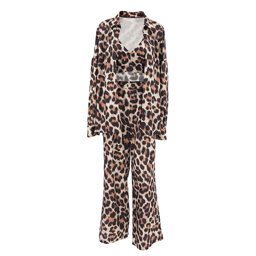 Leopard Print Underwear Long Sleeve Trousers Three Piece Pajamas Ice Silk Breathable Outerwear Homewear Women