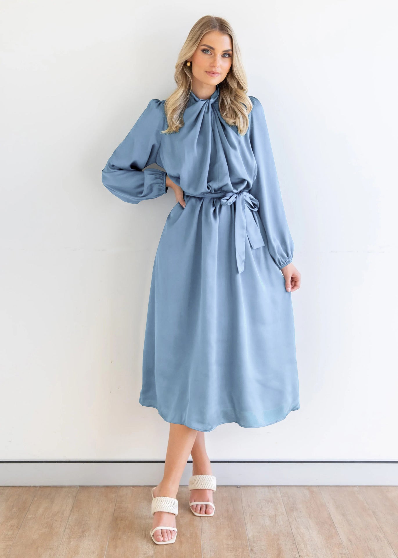 Trend Satin Elegant Elegant High End French Dress Autumn Long Sleeve Party Dress light Blue