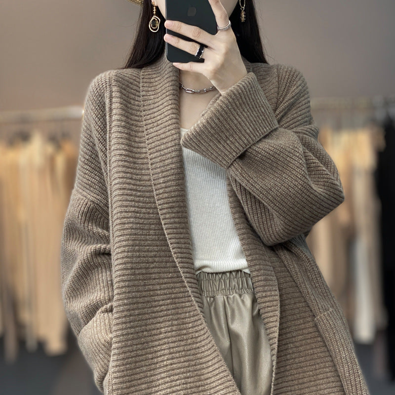 Mid Length Idle Knitted Cardigan Women Loose Design Collared Thickening Solid Color Sweater Coat Overcoat One Size camel