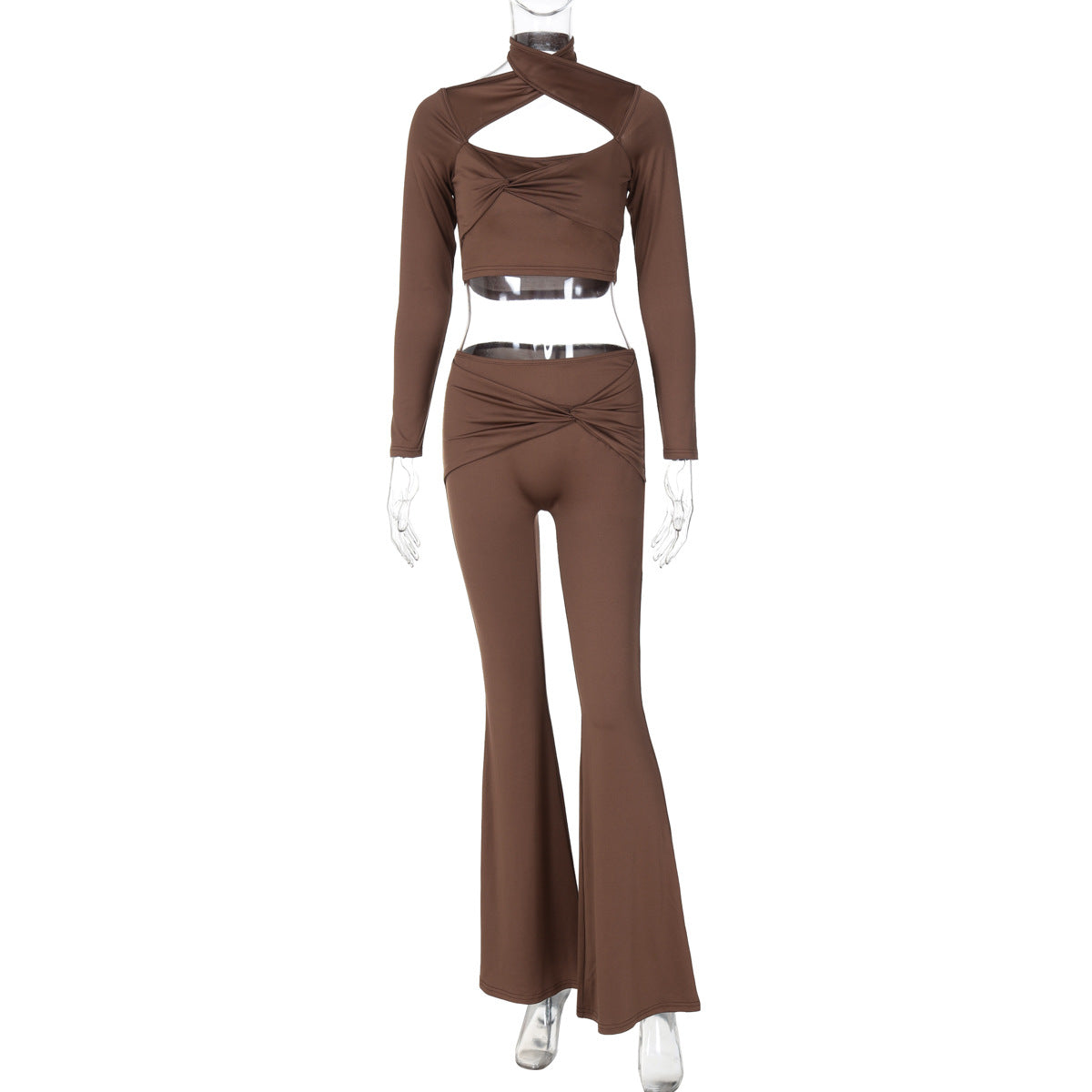 Women Clothing Autumn Long Sleeve Halter Pleated Slim Fit Flared Pants Sports Set Brown