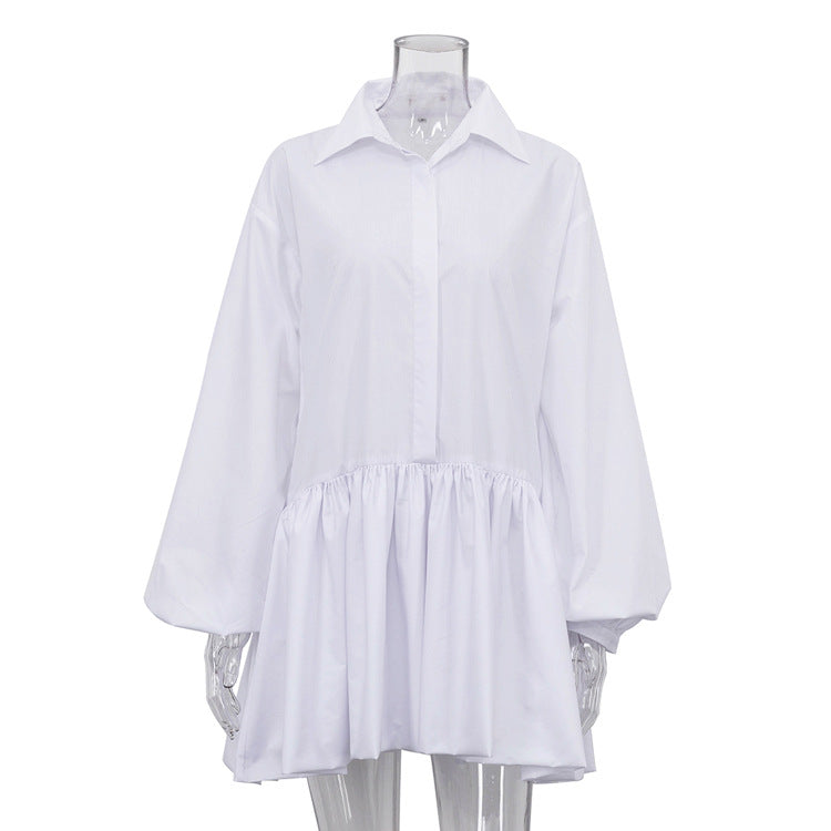 Women Clothing Autumn Solid Color Office Pleated Dress Collared Puff Sleeve Shirt Dress for Women S White