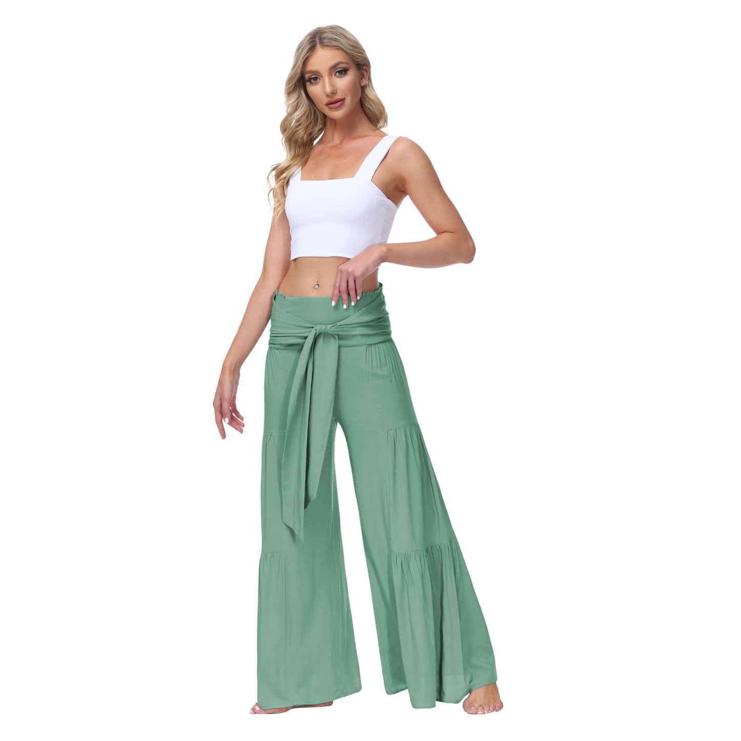 Women Clothing Bandage Elastic Waist Pleated Wide Leg Pants Casual Loose Trousers Mint-Mint Green