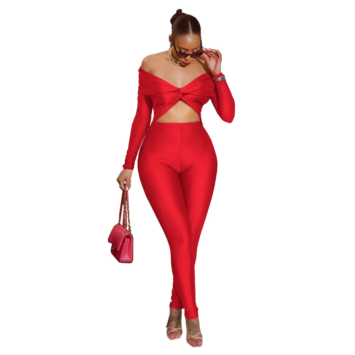 Women Clothing Collared Twist Hollow Out Cutout Cropped Sexy High Waist Long Sleeve Jumpsuit Red