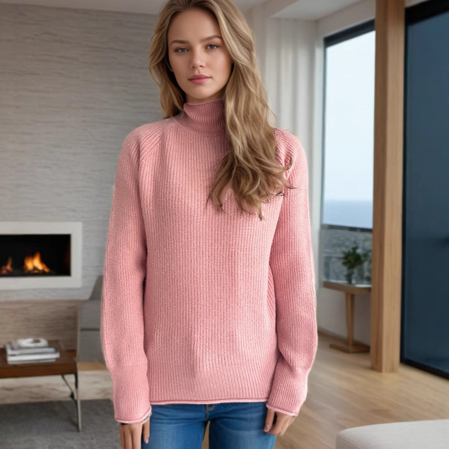 Women Clothing Winter Keep Warm Solid Color Sweater Half Turtleneck Slim Fit Long Sleeve Pullover Pink