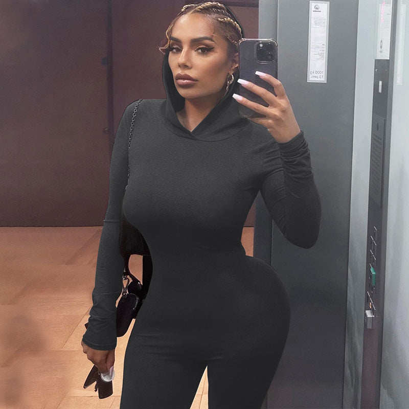 Women Clothing Winter Solid Color Long Sleeve Hooded Backless Slim Fit Sports Jumpsuit Women