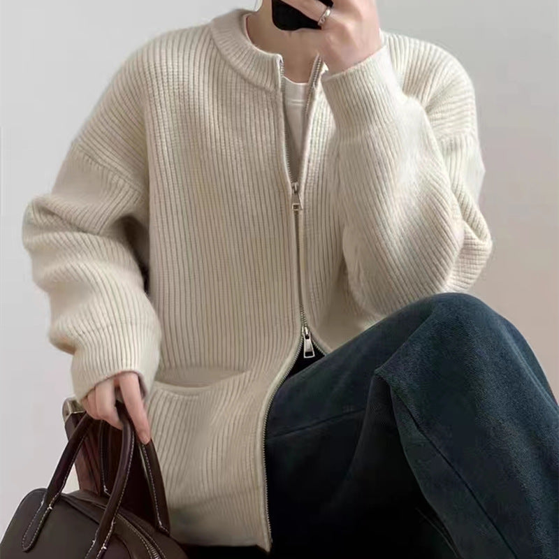 Retro Solid Color Idle Sense Sunken Stripe Double Zipper Knitted Cardigan Women Loose Soft Glutinous Dinified Sweater Coat One Size White