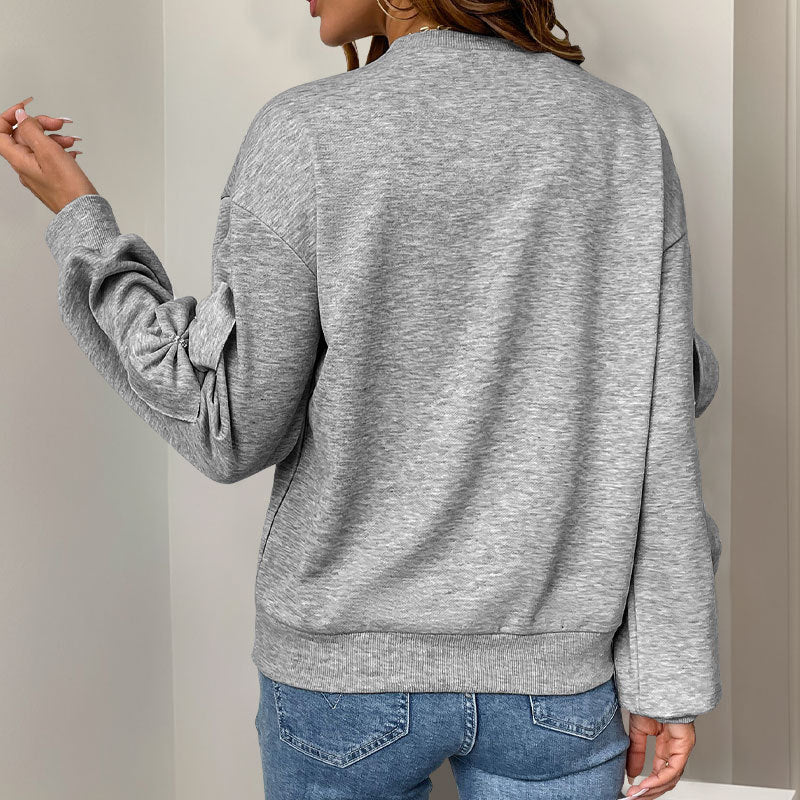 Casual Autumn Bow Stitching Gray round Collar Sweater