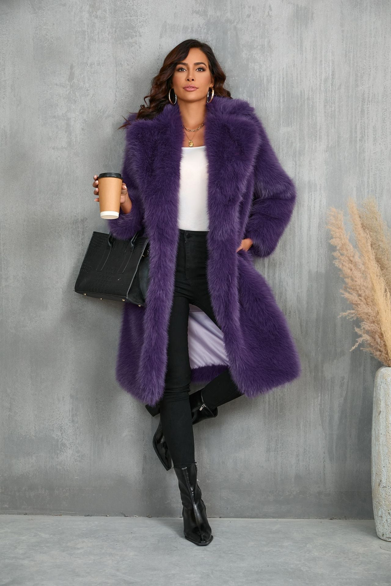 Autumn Winter Imitation Fox Thickened Long Section Collar Faux Fur Coat Mid Length Plush Fur Coat Purple