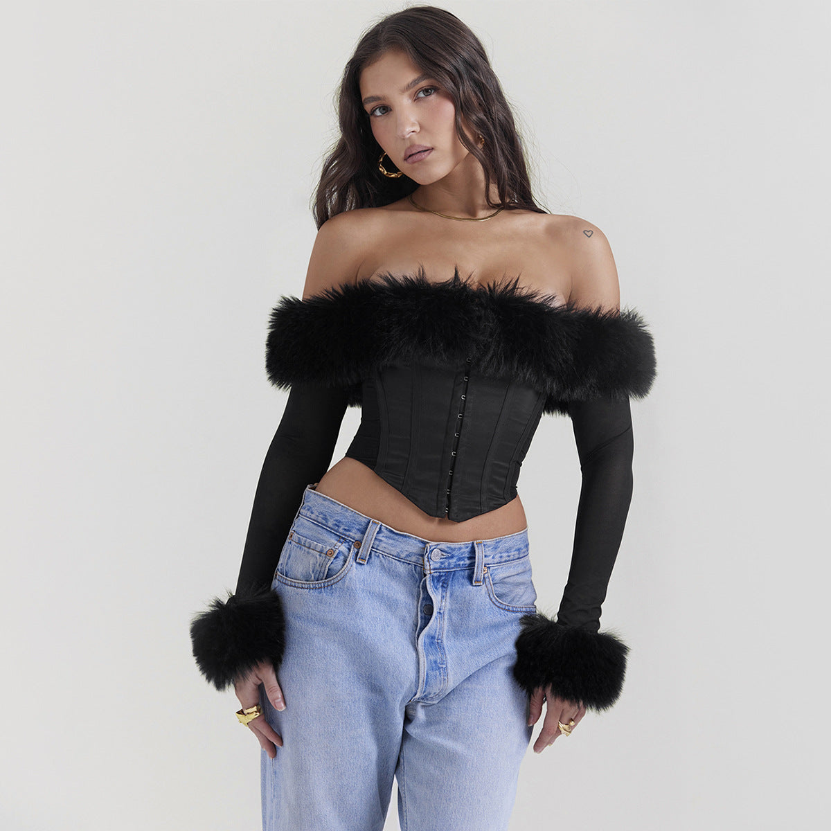 Autumn Winter Sexy Wear Fur Collar off Shoulder Boning Corset Long Sleeve Short Slim Top Women Clothing Black