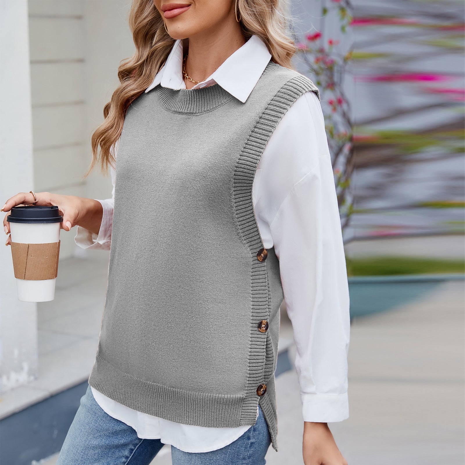 Casual Solid Color Buttons Decorative Slit Women Knit Shirt Sweater Gray