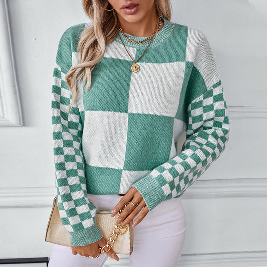 Contrast Color Check Pullover Women Knitted Sweater Autumn Winter All Matching Women Top