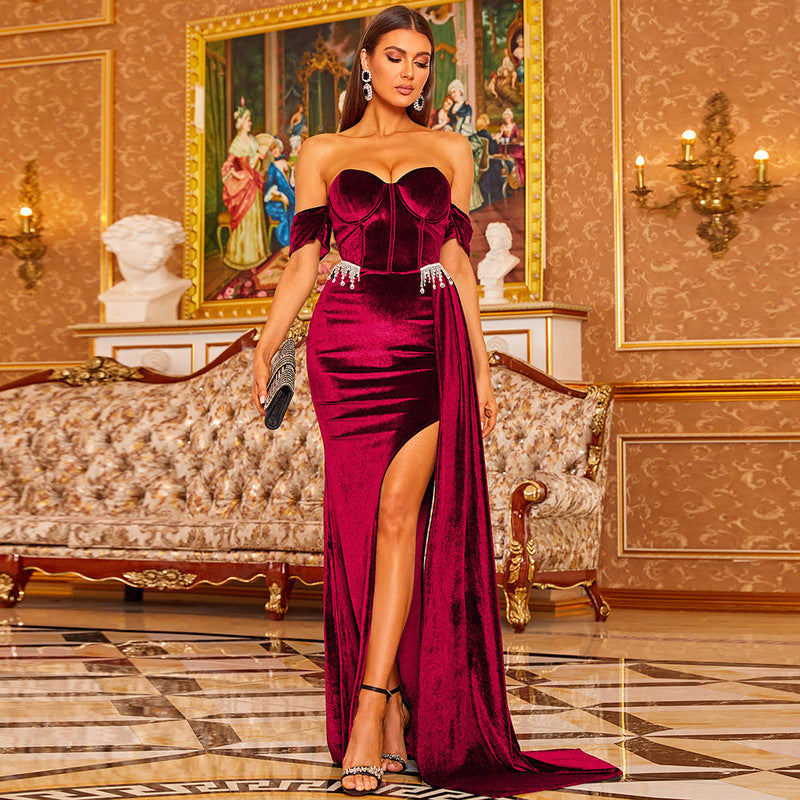 off-Neck Wrapped Chest Elegant Sexy Hip-Wrapped Elegant Lady Small Mop Split Evening Dress for Women XL Burgundy