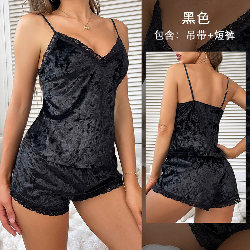 Autumn Winter Velvet Women Suspender Shorts Two Piece Sets Comfortable Pajamas Home Wear Black