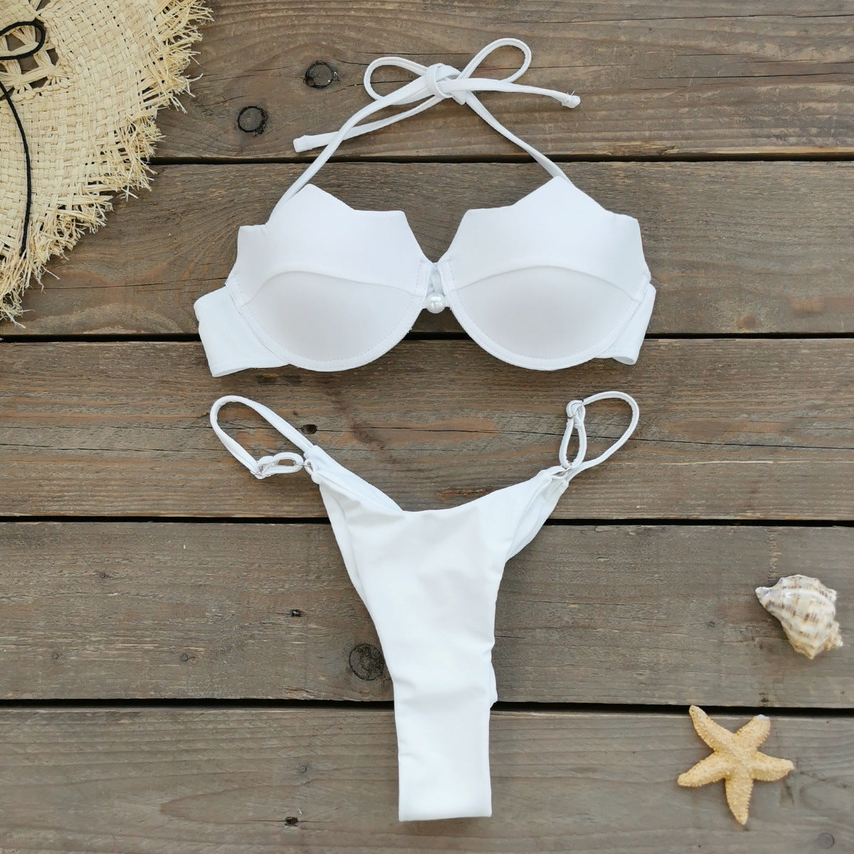 Solid Color Lace up Bikini Low Waist Sexy Backless Split Swimsuit Bikini White Swimsuit